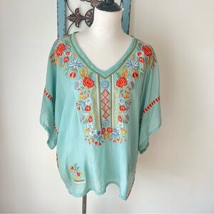 Kyla Seo Blue Short Sleeveeve Floral Embr Top